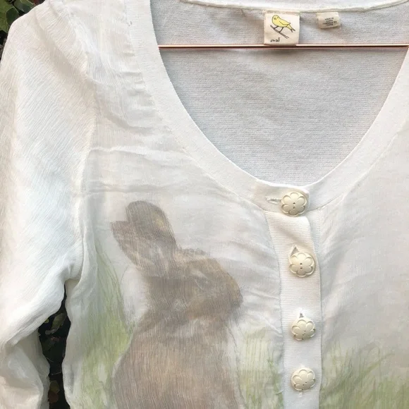 Anthropologie Cream Cardigan with Rabbit Print - Picture 3 of 7